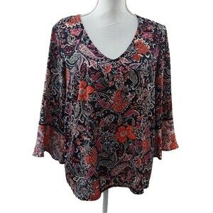 J Jill Womens Top Medium Colorful Floral Blouse V Neck Paisley 3/4 Sleeves